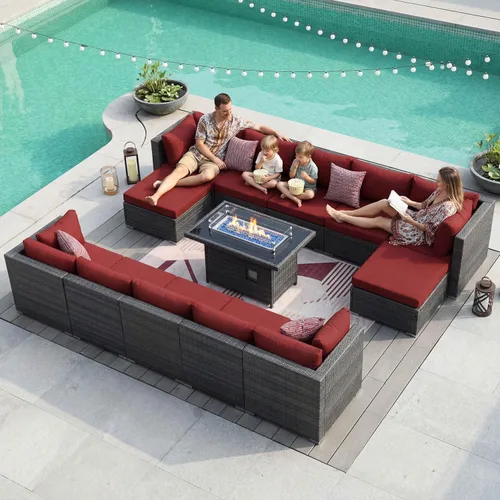 Vista 62 de NICESOUL Juego de muebles de patio de ratán extra grande con mesa para fogata de gas y propano, 29.3 pulgadas, respaldo alto, cómodos conversaciones