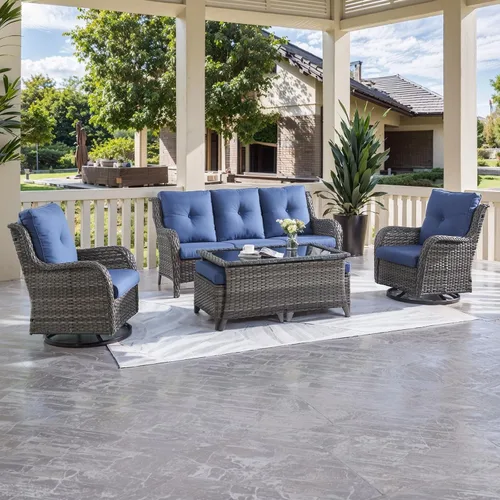 Vista 107 de HUMMUH Juego de 2 Sillas Giratorias Mecedoras de Mimbre para Patio Exterior, Juego de Muebles de Sillas Mecedoras de Ratán (Marrón, Azul) 50,000