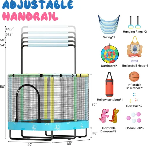 Vista 9 de Lamerge Kids Trampoline, Toddler Bouncing Trampoline with Safety Enclosure Net, ASTM-Approved, 500lbs Capacity, Ages 1-8, Adjustable Handrail