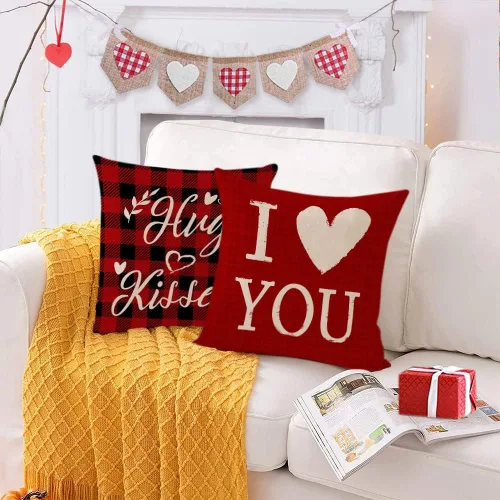 Vista 3 de Juego de 4 fundas de almohada de 16 x 16 pulgadas, diseño de corazón rojo con diseño de corazón de amor, fundas de almohada de aniversario de boda