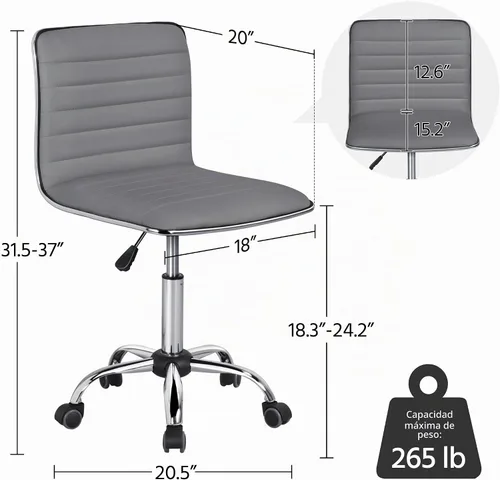 Vista 3 de Yaheetech Silla de oficina de trabajo de polipiel acanalada sin brazos, silla ejecutiva ajustable con respaldo bajo y ruedas, gris