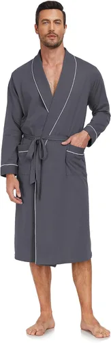 Vista 12 de COLORFULLEAF Bata de baño para hombre, 100% algodón, ligera, larga, ropa de dormir de punto suave, bata de spa con bolsillos Verde militar