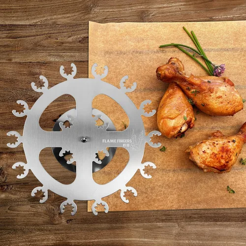 Vista 6 de Estante de parrilla para pollo XL de Flame Fingers - Sostiene 18 patas, alas, muslos, piruletas o baquetas de pavo. Diseño giratorio de acero