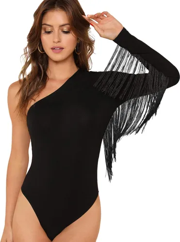 Vista 4 de VERDUSA Bodysuit de manga larga con un solo hombro y ribete de flecos para mujer