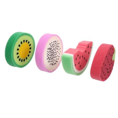 Vista 2 de LALAFINA Esponjas de baño de frutas, 4 unidades para niños, lindos fregadores corporales, esponjas de limpieza de ducha para accesorios de baño