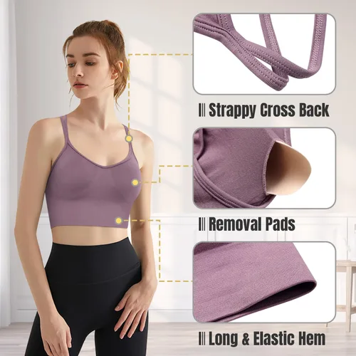 Vista 4 de VEQKING Brasier deportivo con tirantes para mujer, espalda cruzada, soporte medio, sin costuras, extraíble, acolchado, para yoga, entrenamiento