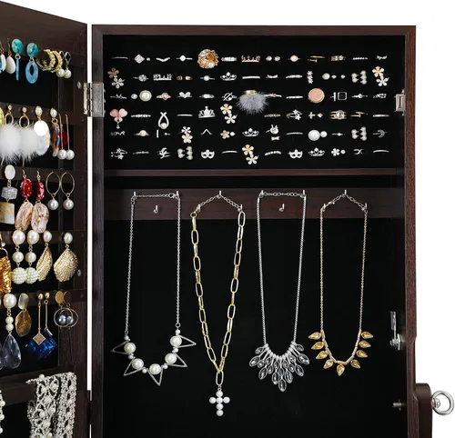 Vista 7 de SONGMICS - Armario gabinete de joyería con espejo espejo grande de pie de cuerpo completo organizador de joyas con cerradura color marrón UJJC69BR