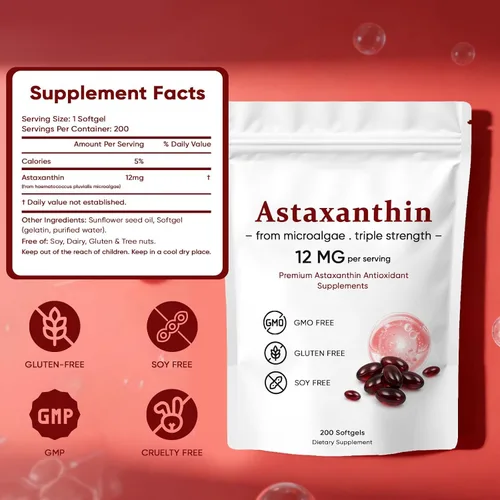 Vista 3 de Astaxantina 12 mg, suplementos antioxidantes de astaxantina premium, apoya los ojos, la piel, el sistema inmunológico, las articulaciones