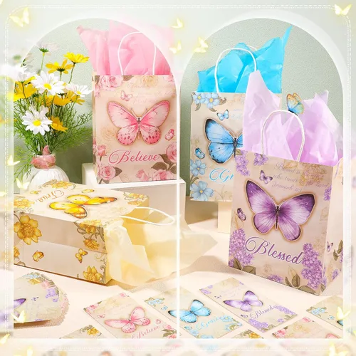 Vista 5 de Qeeenar 36 juegos de bolsas de regalo cristianas para iglesia, mariposa, bolsas de regalo religiosas de la Biblia con tarjetas de bendición, papel