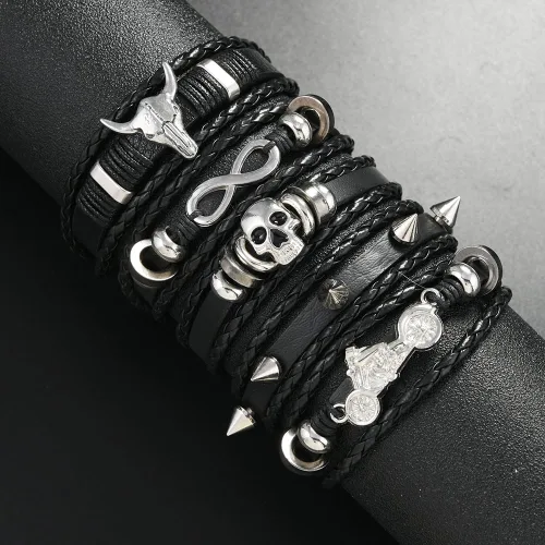 Vista 2 de Leather Bracelet for Men Women Skull Braided Wristband Medieval Pirate Bracelets