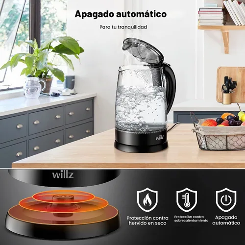 Vista 3 de Willz Hervidor eléctrico de vidrio con mango resistente al calor y vertido inalámbrico, tecnología de ebullición rápida y apagado automático, luz