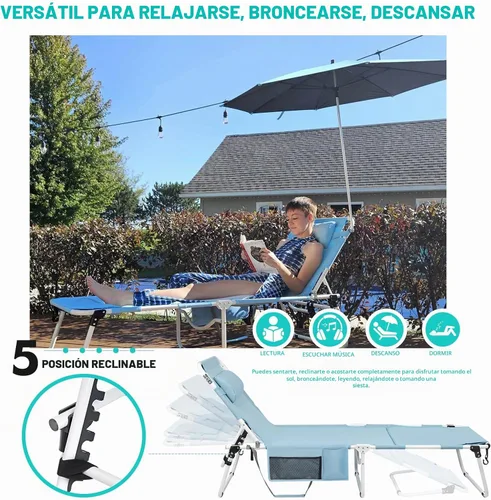 Vista 3 de Silla de bronceado con paraguas UPF 50+ ajustable, tumbona plegable resistente para exteriores, reclinable, 5 posiciones, para tomar el sol, tomar