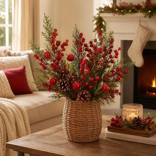 Vista 4 de BANBERRY DESIGNS Púas de Navidad – Plantación de piña con punta de nieve – racimos de bayas rojas y manzanas – Decoración – Artesanía – 9 piezas