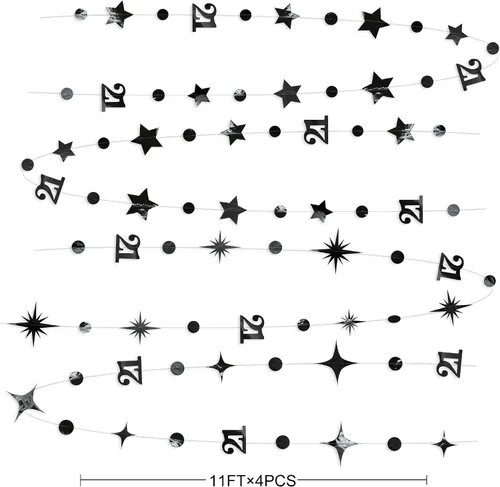 Vista 2 de Guirnalda de número 21 en negro con puntos circulares y estrellas centelleantes, metálica, para colgar, banderines, banner, telón de fondo