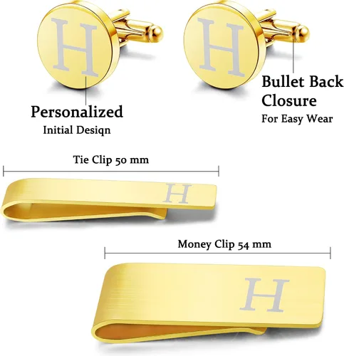 Vista 6 de LOYALLOOK 4Pcs Stainless Steel Engraved Initial Cufflinks and Tie Bar Money Clip Set Personalized Button Shirt Initials Tie Clip Alphabet Letter A-Z