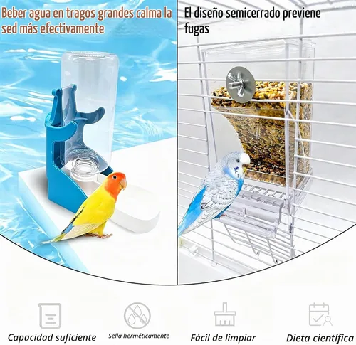 Vista 6 de Juego de alimentador de jaula para pájaros sin desorden y dispensador Azul+Transparente