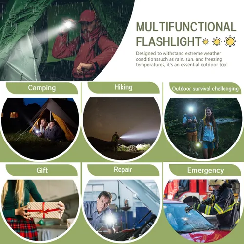 Vista 6 de Linterna recargable con energía solar, linterna táctica LED multifunción con rompecristales, cortador de cinturón de seguridad, alarma y cargador