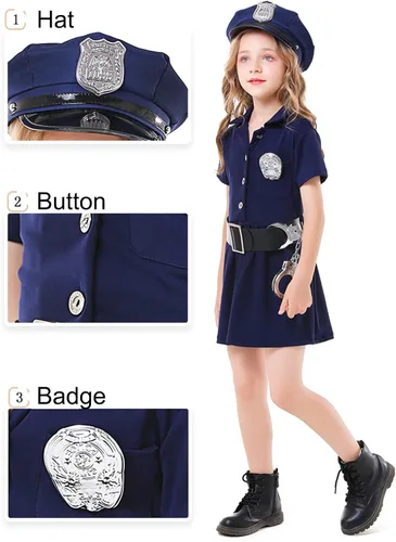 Vista 2 de Police Officer Costume for Girls Kids Halloween Costumes Cop Uniform Outfit Dress Up Set Role Play Badge Handcuffs Hat Toys