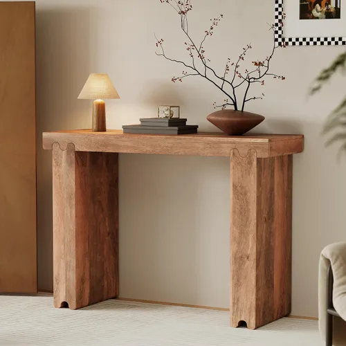 Vista 8 de Mesa consola de madera de 45 pulgadas para mesa de entrada, consola minimalista estrecha retro de granja con madera de mango maciza, mesas de sofá