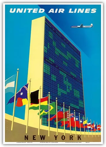 Vista 11 de United Nations Building New York - United Air Lines - Vintage Airline Travel Poster by Joseph Binder c.1957 - Master Art Print (Unframed) 6in x 9in