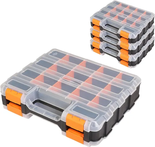 Vista 14 de Jack Boss Caja de herramientas con tapa transparente, caja organizadora de 34 compartimentos de doble cara con divisores extraíbles para herrajes