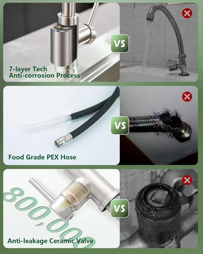 Vista 5 de VFAUOSIT - Grifo de cocina con rociador extraíble, grifo de fregadero de cocina sin plomo, níquel cepillado, acero inoxidable, arco alto, extracción