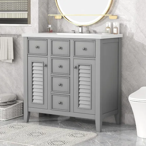 Vista 11 de Runboll Armario de tocador de baño de 36 x 18 pulgadas con parte superior del fregadero, juego de lavabo de baño con cajón y 3 agujeros para grifo