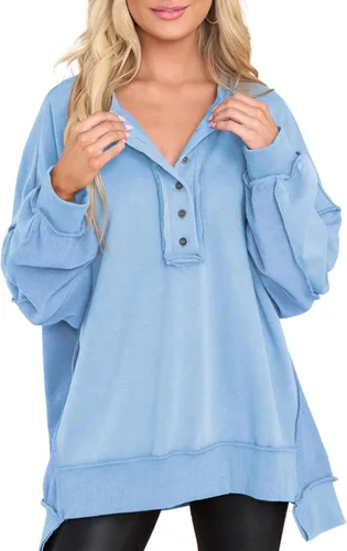 Vista 94 de AlvaQ - Sudadera de gran tamaño para mujer, informal, de manga larga, con botones y cuello Henley, tipo túnica