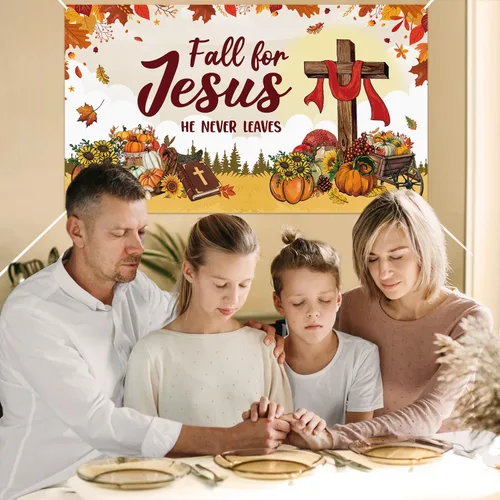 Vista 4 de WATINC Decoración de pancarta extragrande de otoño para Jesús, con texto en inglés "Fall for Jesus" ("Fall for Jesus", "El nunca deja"), fondo