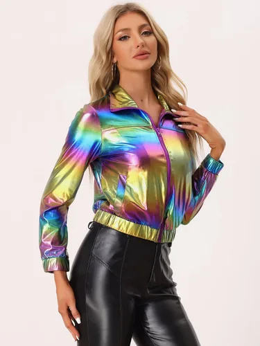 Vista 3 de Allegra K Chaqueta metálica holográfica brillante para mujer, manga larga, ligera, con cremallera