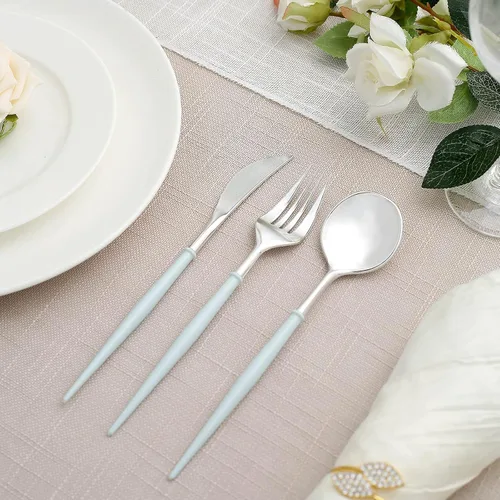 Vista 6 de Cubiertos de plástico Silverwar de plástico plateado con mango azul, cubiertos desechables pesados que incluyen 8 tenedores, 8 cucharas, 8 cuchillos