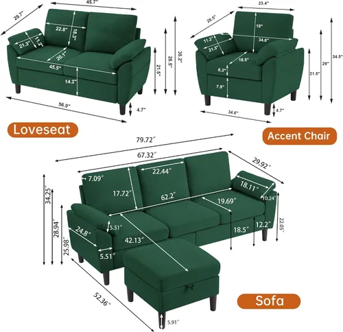 Vista 2 de Juego de sofás modulares de 3 piezas, sofás de 3 plazas en forma de L y sofá biplaza con sillón y otomana de almacenamiento para sala de estar Verde