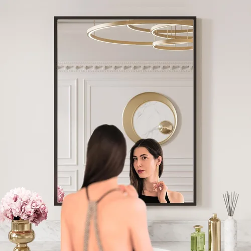 Vista 2 de LOAAO Espejo de Baño de Pared Rectangular Negro de 20"X30", Marco de Aleación de Aluminio Negro Mate, Vidrio Templado, se Cuelga Vertical u