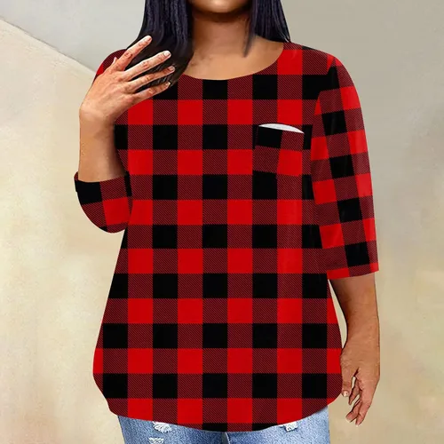 Vista 4 de Camisas para mujer, talla grande, estampado, manga 34, cuello redondo, sudaderas para ocultar el vientre