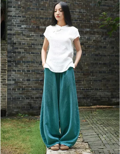 Vista 3 de Iximo Pantalones de lino y algodón, holgados, para mujer, con cintura elástica y ajuste relajado, informales, estilo harén