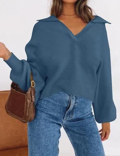 Vista 8 de ZESICA Women's 2024 Fall Lapel Collar V Neck Long Sleeve Ribbed Knit Comfy Loose Casual Pullover Sweater Jumper Top