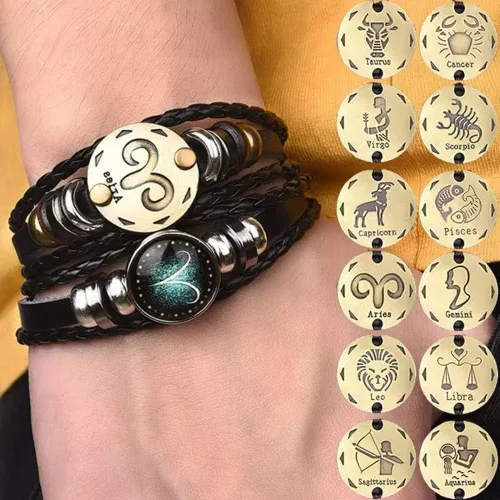 Vista 2 de 2 pulseras retro del zodiaco para hombres, 12 constelaciones, hechas a mano, pulseras de cuero trenzadas punk, cuero, vidrio, aleación, otro