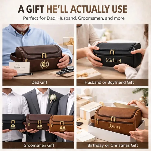 Vista 7 de Personalized Toiletry Bag for Men, Engraved Hanging Dopp Kit Negro