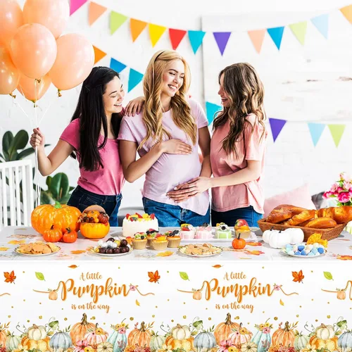 Vista 7 de WovWeave Paquete de 3 manteles de calabaza pequeña para decoración de fiesta de baby shower de otoño para niños y niñas, fundas de mesa para Acción