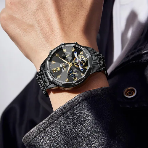 Vista 2 de OLEVS - Reloj Automático de Lujo para Hombre con Diamante, Automático, Multifuncional, Calendario, de Acero Inoxidable, Impermeable, Luminoso