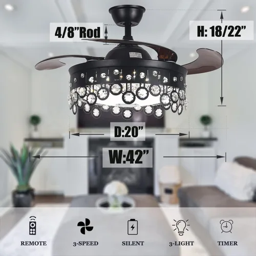Vista 6 de Fandian Ventilador de techo retráctil con luz, moderno altavoz Bluetooth de 42 pulgadas, regulable, sintonizable, 7 colores, iluminación negra