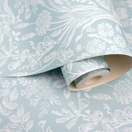 Vista 4 de World of Wallpaper Harlen Woodland Animal Flor y Planta Temática Pintado a Mano Estilo Damasco Papel pintado Dormitorio Guardería Pato Huevo Azul