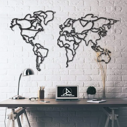 Vista 2 de Tubibu Decoración decorativa de pared de mapa del mundo de metal, decoración de oficina en casa, decoración de dormitorio y sala de estar