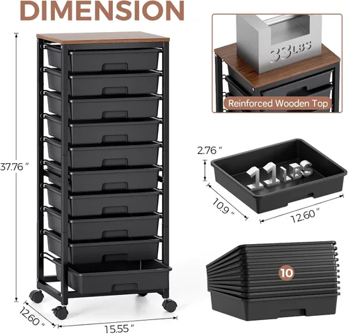 Vista 4 de SYKIARIOL Carrito rodante con cajones, carrito con ruedas de 10 cajones, carrito de almacenamiento con ruedas, carrito de cajón negro rodante