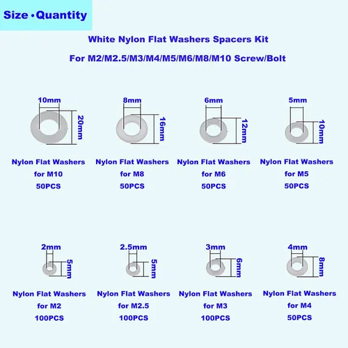 Vista 3 de Kit surtido de arandelas planas métricas M2-M10 de nailon blanco de 550 piezas Separadores de juntas aislantes de plástico para tornillos M2 M2.5