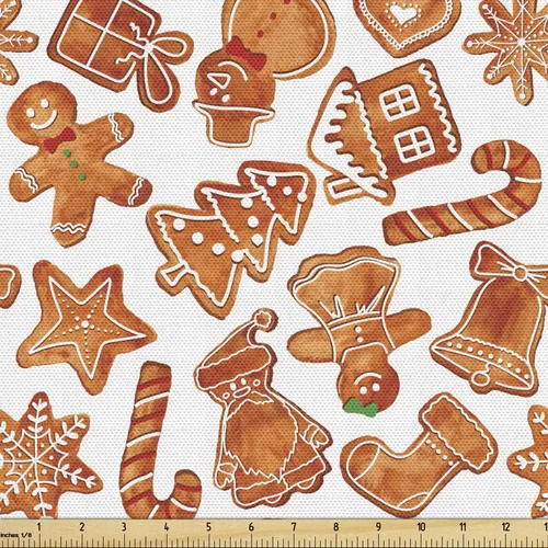 Vista 71 de Ambesonne Tela Navideña por Yarda, Tema Navideño Colorido Vivo Piñas de Pino Ramas Hombre de Jengibre Imagen de Bayas Estampada, Tela de Punto