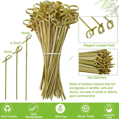 Vista 3 de Potchen 1000 palillos de bambú para cócteles, 4/4.7/6 pulgadas, palillos de dientes para aperitivos, palillos de comida con nudo en bucle