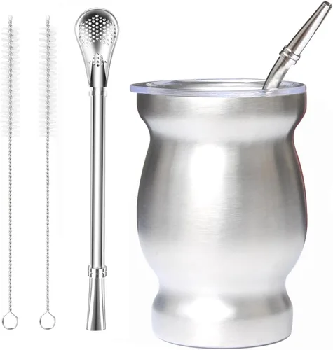 Vista 11 de Beruth Bombilla Yerba Mate Gourd, juego de tazas de té de acero inoxidable de 8 onzas con una tapa multifuncional, dos popotes y cepillos