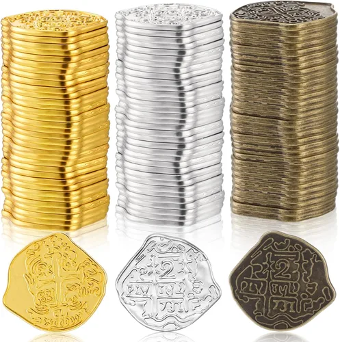 Vista 8 de Hanaive 50 monedas piratas de metal, réplicas de doblón español, fichas de metal del tesoro pirata, monedas de juego falsas para niños
