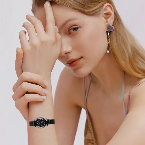Vista 5 de Reloj de pulsera de cuarzo de lujo con esfera de cielo estrellado para mujer, reloj de malla magnética y pulsera